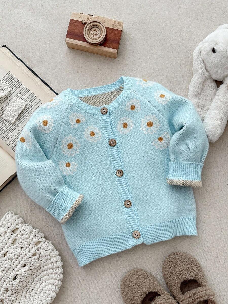 Blossori Young Girls' French Elegant Floral Pattern Front Button Knit Cardigan,Cozy Fall & Winter Styles, Children Cardigan, Kids Sweaters For Girls Button, Kids Cardigan, Blue Cardigan - Blue - View 1