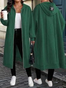 EMERY ROSE Áo khoác trùm đầu có khóa kéo dài tay họa tiết chữ cỡ lớn dành cho nữ - Màu xanh lá cây đậm - Xem 1