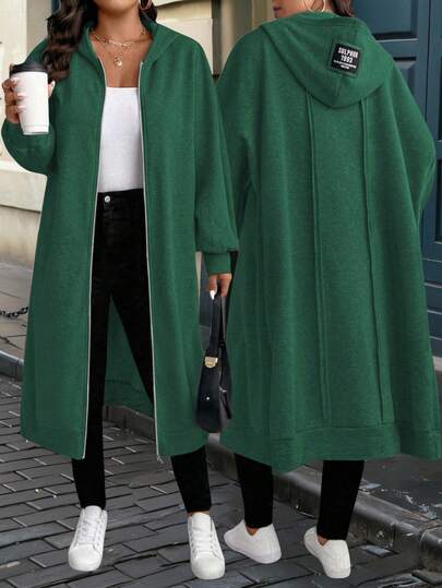 EMERY ROSE Plus Size Women's Letter Graphic Long Sleeve Casual Zip-Up Hooded Jacket Fall Winter Cloth For Women Autumn