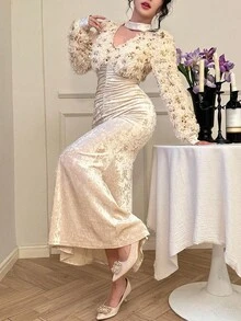 DAZY 秋冬毛绒拼布亮片缀饰鱼尾下摆镂空优雅长裙，适合新年、圣诞节、婚礼派对 - 米色 - 查看 6