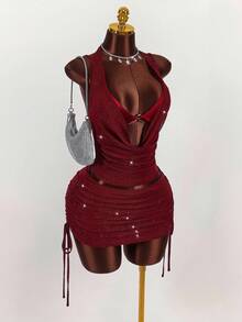 Amplova 女式闪亮亮片垂坠领短款细肩带背心和抽绳腰部紧身迷你裙性感套装 - 酒紅色 - 查看 6