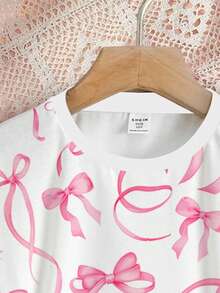 SHEIN 青少年女孩休闲可爱甜美粉色蝴蝶结印花，粉色芭蕾风格，短袖圆领T恤上衣和紧身打底裤家居服套装，女孩风格，日式甜美，日本少女时尚，休闲舒适 - 彩色 - 查看 5