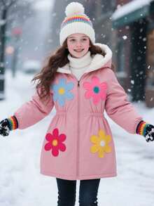 SHEIN Chaqueta con capucha informal para niñas preadolescentes y adolescentes con diseño floral 3D lindo - Multicolor - Ver 5