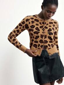 Maija Women's 2025 Leopard Print Rhinestone Fuzzy Short Fitted Cardigan, Women's Winter Sweater , Autumn Clothes, Autumn Clothes For Women, Halloween Costumes, Halloween Clothes For Women, New Year Clothes,Thanksgiving Outfit For Women,Leopard Print, Graphic Sweater, Sparkly Sweater, Brown Top