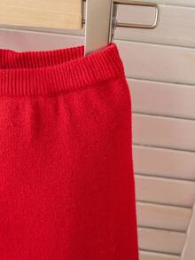 SHEIN 2件套条纹提花圆领长袖上衣和裤子，休闲修身 - 紅色 - 查看 4