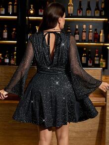 Gownix 大码时尚派对亮片喇叭袖连衣裙 - 黑色 - 查看 3