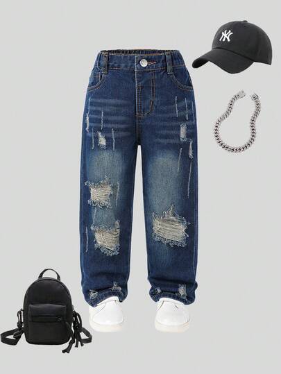 男童复古街头风格破洞宽松舒适浅蓝色直筒牛仔裤