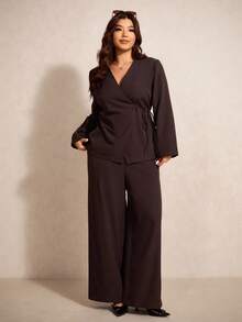 Elaquor Plus Size Women Solid Color Wrap Tie Waist Long Sleeve Jacket And Wide Leg Pants Casual Suit Set Clothes For Women Spring