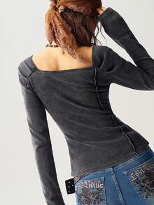 Bohemela Casual Solid Color Knit Versatile Neckline Design Long Sleeve Fitted Washed Women T-Shirt,Fall,Fall Clothes For Women