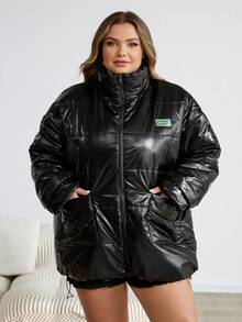 SHEIN CURVE+ Plus Size Thick Long Sleeve Open Front Black Jacket/Winter - Black - View 7