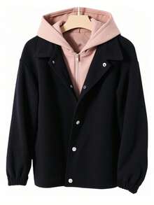 SHEIN Lässige Farbblock-Kapuzenjacke mit Reißverschluss für Teenager-Jungen, Winter, Y2k, Abschluss, Schulanfang, Cord-Oberbekleidung, Herbst/Winter schwarze Kapuzenjacken für Teenager-Jungen - Verschiedenfarbig - Übersicht 1