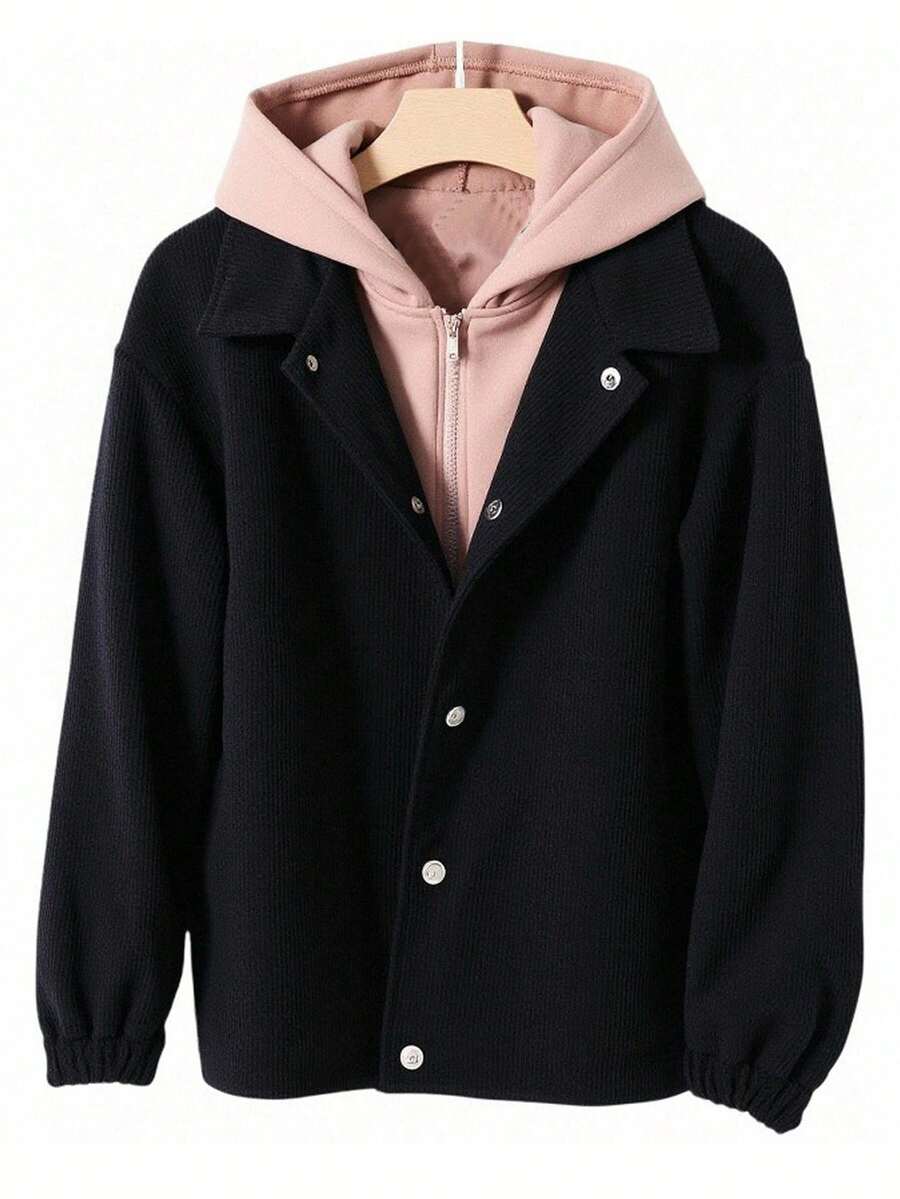 SHEIN Lässige Farbblock-Kapuzenjacke mit Reißverschluss für Teenager-Jungen, Winter, Y2k, Abschluss, Schulanfang, Cord-Oberbekleidung, Herbst/Winter schwarze Kapuzenjacken für Teenager-Jungen - Verschiedenfarbig - Übersicht 1