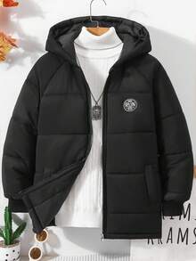 Casaco acolchoado casual de comprimento médio para meninos, com capuz e remendos, grosso para outono/inverno - Preto - Ver 1