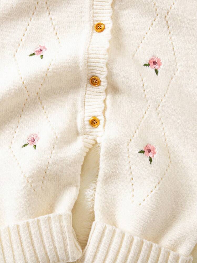 SHEIN 女婴花卉刺绣前扣圆领长袖连体衣秋冬装 - 米色 - 查看 6