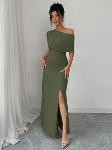 Elenzga 女士优雅时尚通勤休闲舒适迷人度假温柔淑女简约高端假日无袖斜肩收腰紧身侧开衩纯色长裙 - 軍綠色 - 查看 5