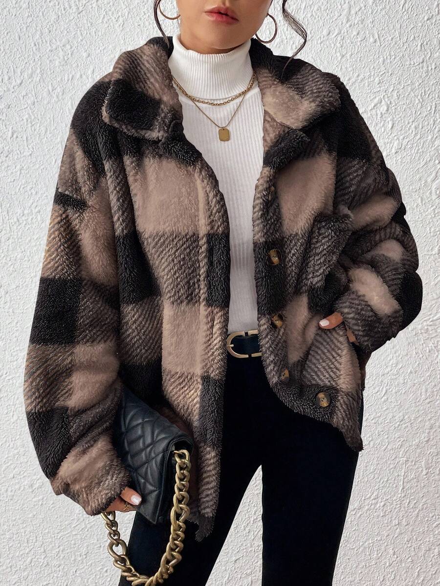 SHEIN PETITE CURVE Áo khoác lông dáng rộng tay dài, dáng rộng, họa tiết kẻ caro, vai trễ, cỡ lớn, thời trang thu/đông cho nữ - Cà phê nâu - Xem 1