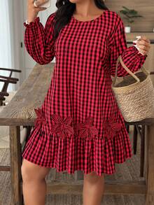 SHEIN Holidaya Plus Size Women Colorblock Plaid Dress With 3D Floral Decor, Autumn/Winter - Multicolor - View 3
