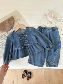 LMoss Kids 2件套女婴蓝色牛仔宽松上衣和阔腿裤套装 - 淺色水洗藍 - 查看 8