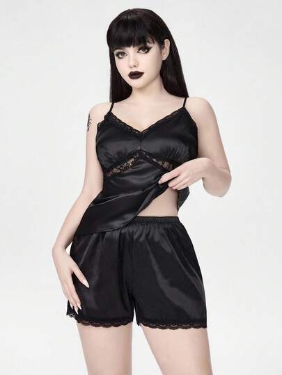 Gothic Lace Patchwork Satin Camisole & Shorts Pajama Set For Women
