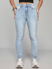 SHEIN Unity Women's Mid-Waist Slim Fit Blue Casual Versatile Denim Jeans - Light Wash - View 5