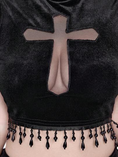 Goth Top de terciopelo corto de cuello alto con cruz hueca y colgante de cristal, estilo gótico para mujer