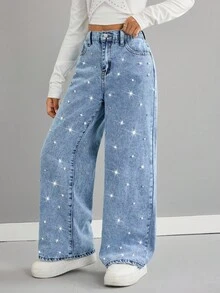 SHEIN 青少年女孩 Y2K 浅色水洗水钻装饰口袋宽腿宽松休闲牛仔裤，闪亮水钻宽松阔腿牛仔裤，青少年女孩秋冬休闲牛仔裤，宽松牛仔裤女孩，机场，阔腿裤，街头服饰，趣味牛仔裤，返校装，优雅派对闪亮服装，圣诞节青少年女孩服装