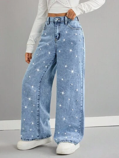 SHEIN Tween Girl Y2K Light Washed Rhinestone Embellished Pocket Wide Leg Loose Casual Jeans,Shiny Rhinestone Loose-Fitting Wide-Leg Jeans,Fall Winter Casual Jeans,Baggy Jeans Girl,Airport,Wide Leg Pants,Streetwear,Funny Jeans,Back To School,Elegant Party Bling,Christmas