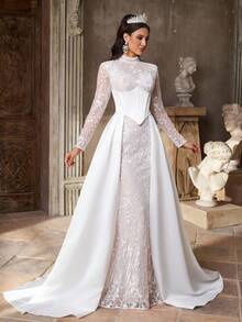 Aureia Elegant, Luxurious And Romantic White Mandarin Collar Long Sleeve French Lace And Chiffon With Pleated Satin Oversized A-Line Hem, Suitable For Weddings, Parties, Vacations, Graduations, Bridal Gowns