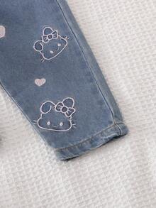 1 pieza Pantalones cortos vaqueros rectos con bordado de corazón y animal de dibujos animados, estilo casual para niñas/bebés - Azul - Ver 6