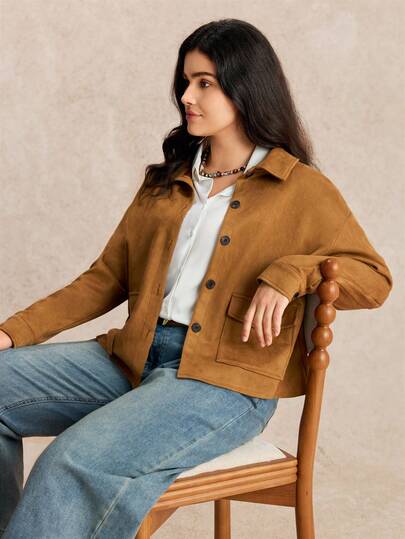 EMERY ROSE Plus Size Women Elegant Lapel Long Sleeve Single-Breasted Pocket Decor Slim Fit Vintage Suede Casual Jacket