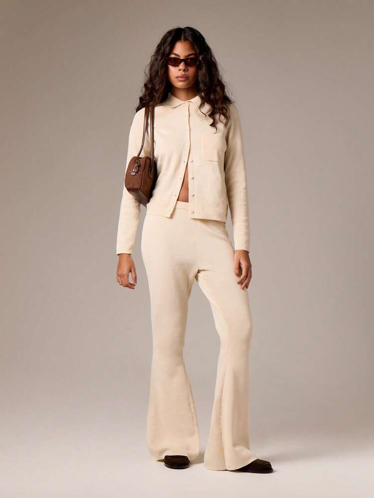 Wide Leg Knitted Trousers With Flared Hem