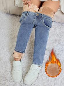 SHEIN Tall 秋冬女款淺色休閒保暖內裡牛仔褲，冬季服飾，外出穿著卡其色保暖內裡修身中腰藍色牛仔褲，適合高個女性 - 中等水洗藍 - 查看 1