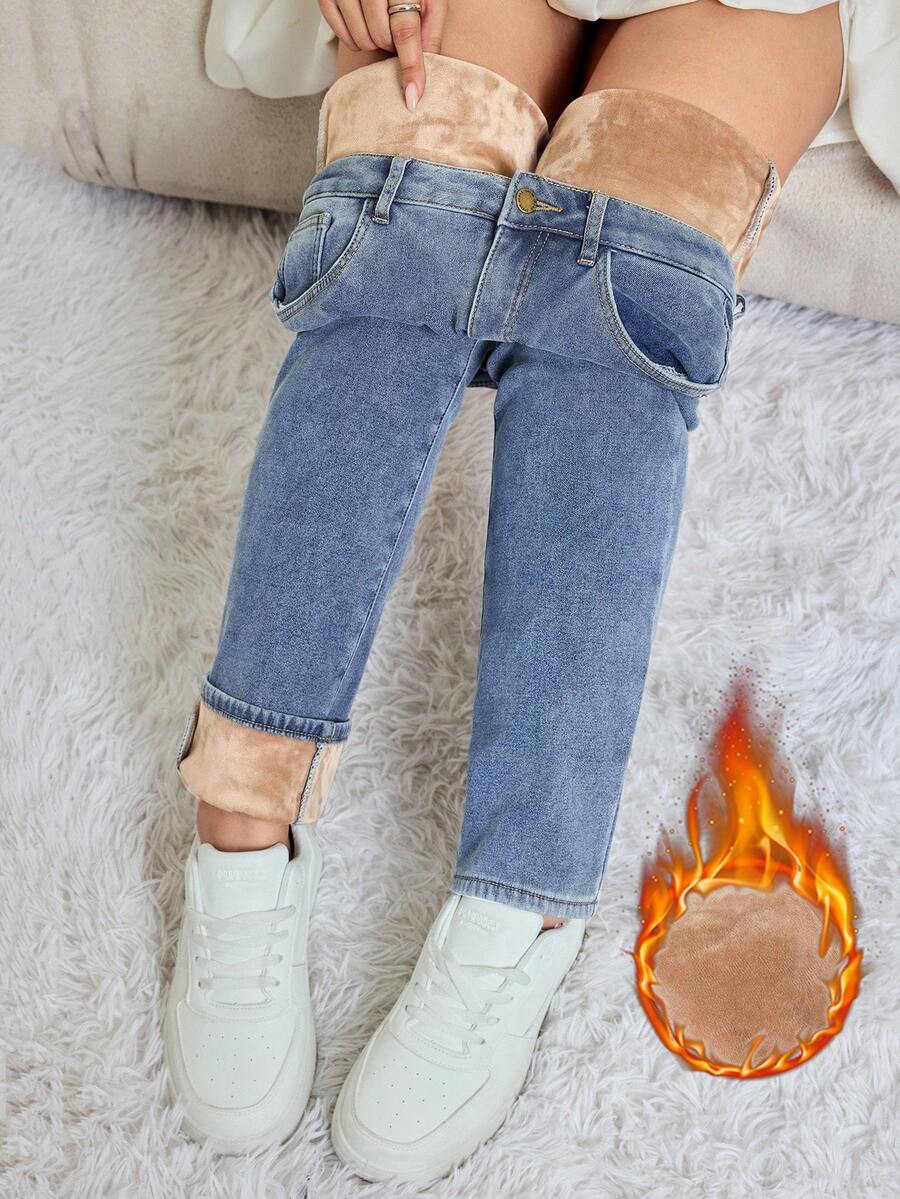 SHEIN Tall 秋冬女款淺色休閒保暖內裡牛仔褲,冬季服飾,外出穿著卡其色保暖內裡修身中腰藍色牛仔褲,適合高個女性 - 中等水洗藍 - 查看 1