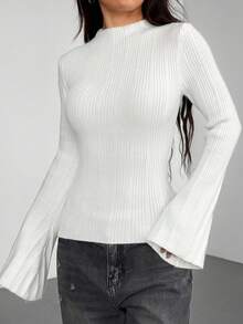 Flirla Suéter de mujer de unicolor con mangas de campana, versátil y de moda - Blanco - Ver 3
