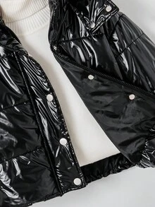 SHEIN Young Girls Fashionable Hooded Short High Waist Quilted Padded Coat, Reflective Material, Autumn/Winter Young Girls Black Puffer Jacket For Casual Outdoor - Black - View 6