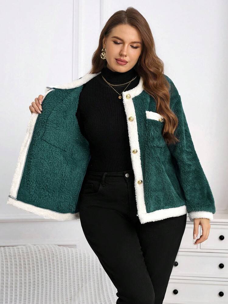 Jaqueta Quente e Felpuda de Contraste de Cor para Mulheres Plus Size, Outono Inverno, Saída, Novidade 2025, Simples e na Moda para Uso Diário, Inverno Plus Size, Natal para Mulheres, Ano Novo