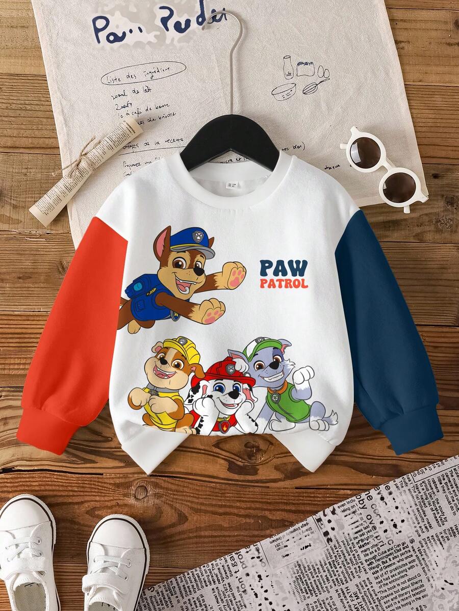 SHEIN | PAW Patrol 年轻男孩休闲时尚街头卡通字母印花撞色落肩宽松套头卫衣 - 白色 - 查看 1