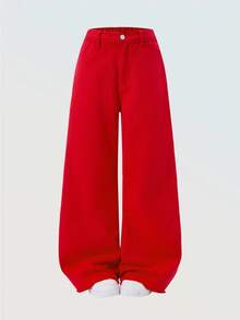Tween Girls Casual Basic Comfortable Elegant Fresh Wide Leg Loose Fit Pure White Jeans Red Wide Leg Pants Red Pants