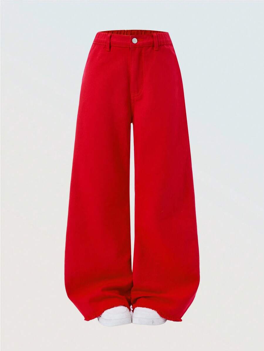 Tween Girls Casual Basic Comfortable Elegant Fresh Wide Leg Loose Fit Pure White Jeans Red Wide Leg Pants Red Pants