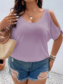 Vionelle Plus Size Casual Solid Color Off-Shoulder Short Sleeve T-Shirt, Summer Lilac Top Off Shoulder Tshirt Lavender Top Light Purple Top Cold Shoulder Top - Purple - View 4