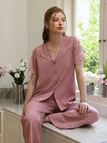 Lace Patchwork Sheer Short Sleeve Top With Pants Women Pajama Set Lounge Set - Dusty Pink - View 3