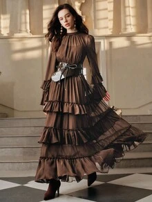 Anewsta Savoree Elegantes Hochzeitsgast-Kleid mit ausgestellten Ärmeln und Rüschensaum, geeignet für Musikfestivals, Herbst - Kaffeebraun - Übersicht 3
