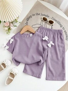 SHEIN 2 Stücke Baby Mädchen süßes gestricktes lila Schleife Dekor Kurzarm T-Shirt und Hose mit elastischem Bund Set, Sommer - Violett - Übersicht 6