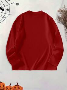 Manfinity Homme 男士万圣节标语图案长袖T恤，秋季 - 酒紅色 - 查看 2