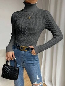 EMERY ROSE Women's Casual Turtleneck Twist Pattern Long Sleeve Sweater, Autumn/Winter - Dark Grey - View 3