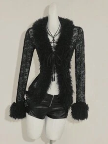 SHEIN ICON 女式花卉蕾丝拼接长袖系带时尚衬衫 - 黑色 - 查看 6