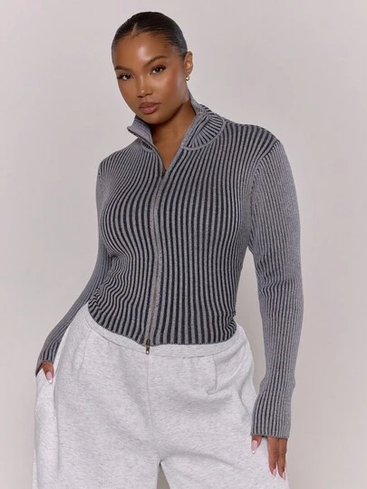 MUSERA 大码撞色罗纹修身全拉链高领长袖上衣，休闲日常舒适街头风酷女孩晚宴派对优雅之选