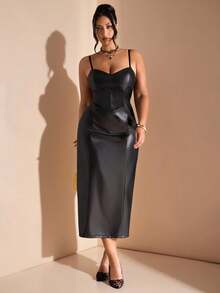 SHEIN BAE Váy maxi chất liệu PU thời trang thu đông cho nữ cỡ lớn - màu đen - Xem 3