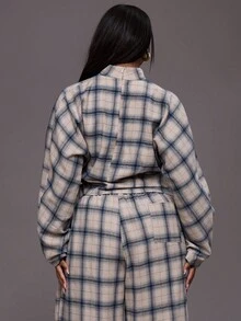 MUSERA 大码格纹高领收腰长袖上衣，日常休闲酷女孩街头风，适合节日、假日、派对、春夏复活节等场合。 - 彩色 - 查看 4