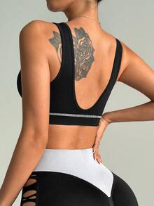 SHEIN Dewbera 1 Áo ngực thể thao khoét sâu gợi cảm màu đen dành cho nữ, Áo ngực tập yoga màu tương phản - màu đen - Xem 2